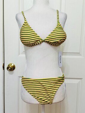 HURLEY YELLOW/GREEN/PINK STRIPED BIKINI BRA AND BOTTOM SET LARGE